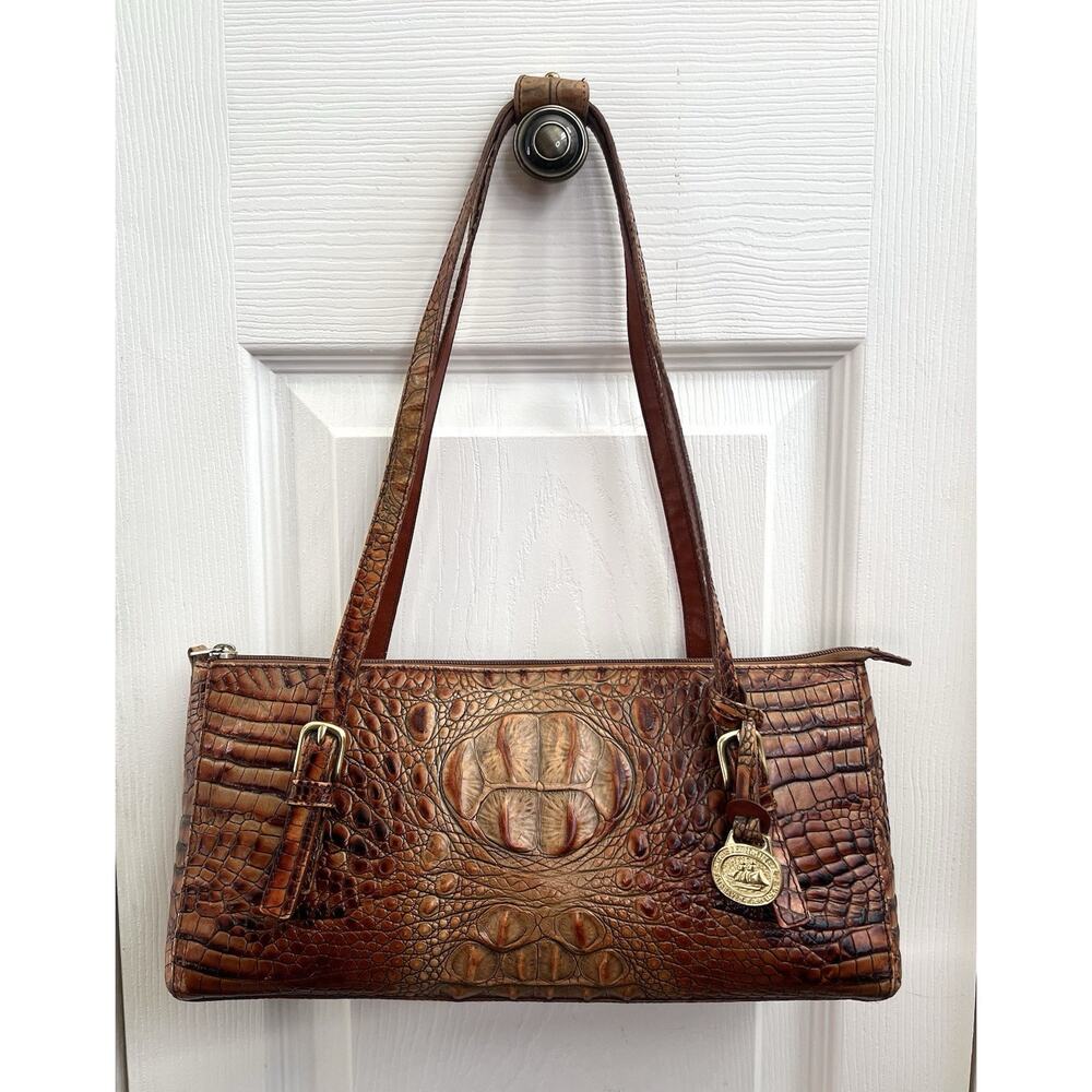 BRAHMIN Pecan Melbourne Croc Embossed Leather Baguette Shoulder Bag Purse
